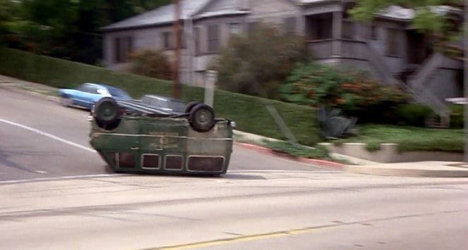 Complete with crashed, spinning van filled with children!